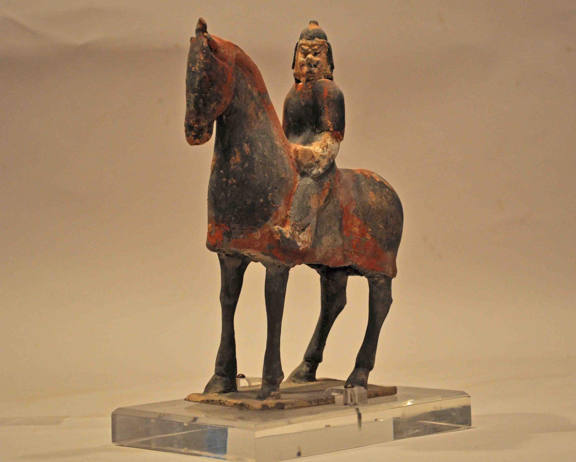 Six Dynasty Northern Wei Red and Black Horse and Rider (7.5lx10.5h)